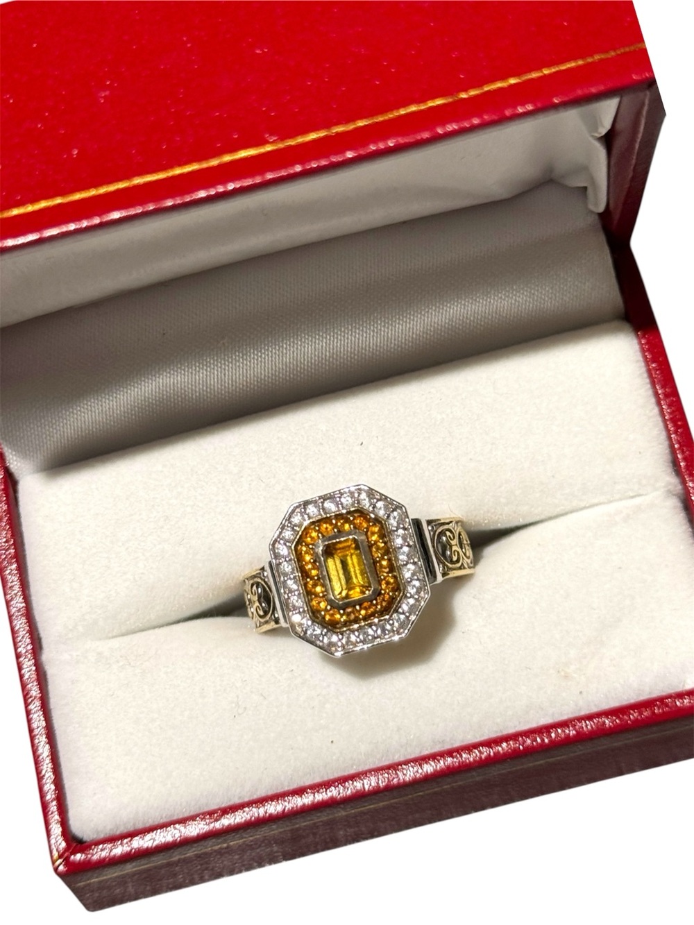 Yellow Citrine Gemstone Halo Ring With Ornate 24k & Sterling Filigree Band